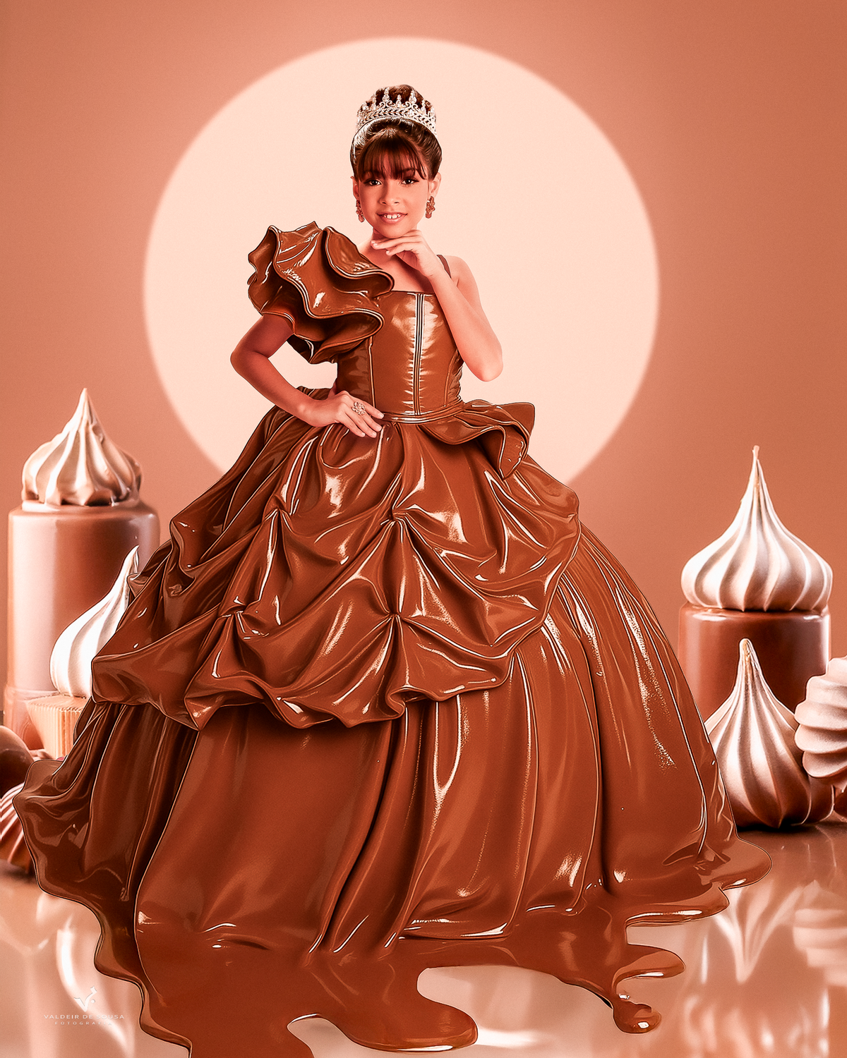  Ela reina serena num doce espiral, com vestido que escorre em delírio de cacau
