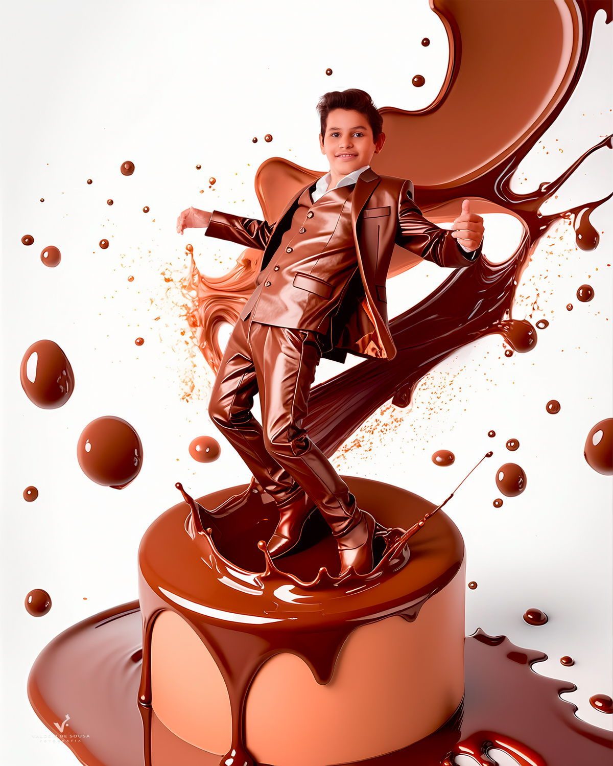 O chocolate salta, dança e gira, enquanto o menino no topo suspira