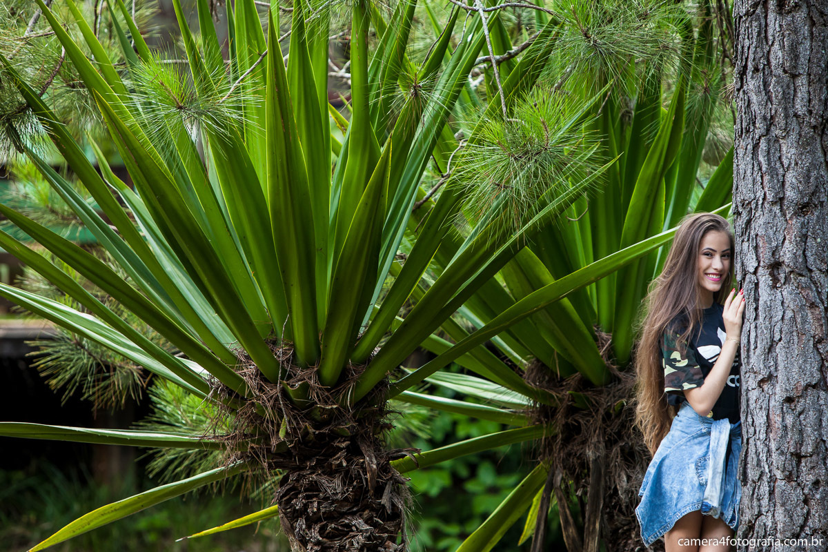 debutante posando para foto ao lada da árvore durante o ensaio pré aniversário de 15 anos