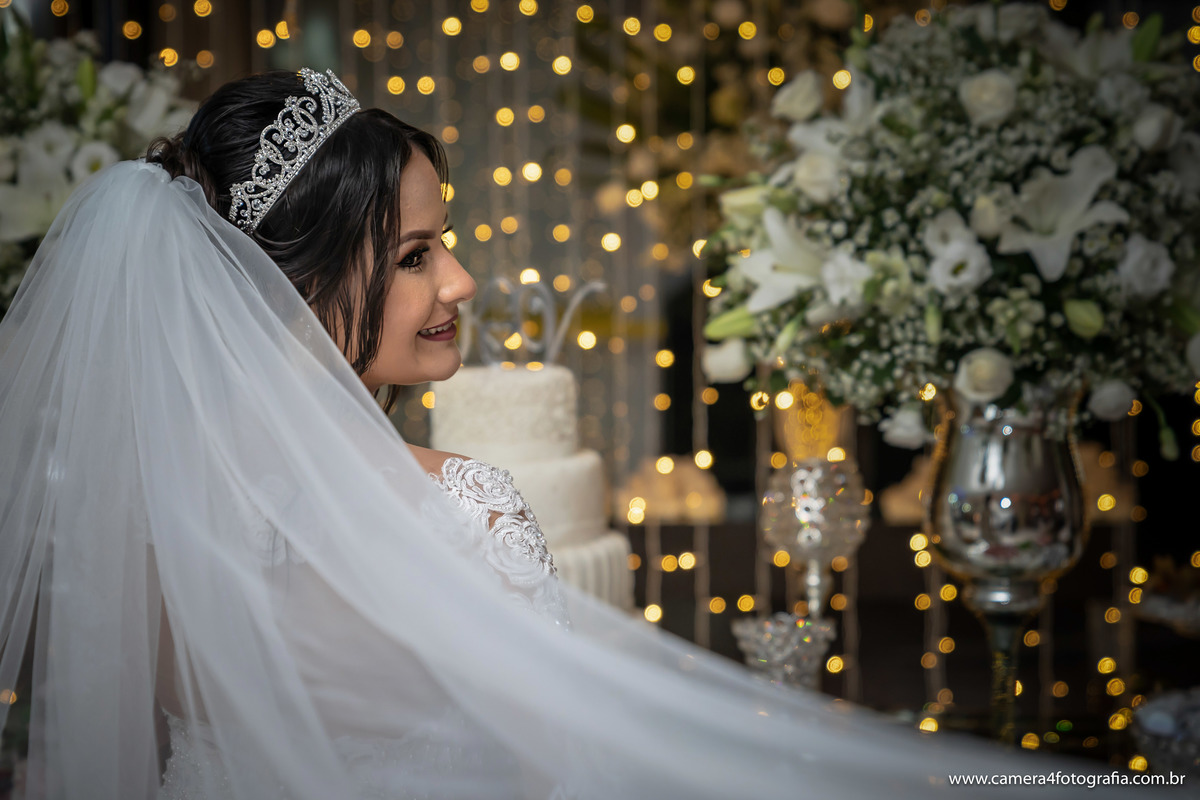 noiva com o véu do vestido durante a festa do casamento
