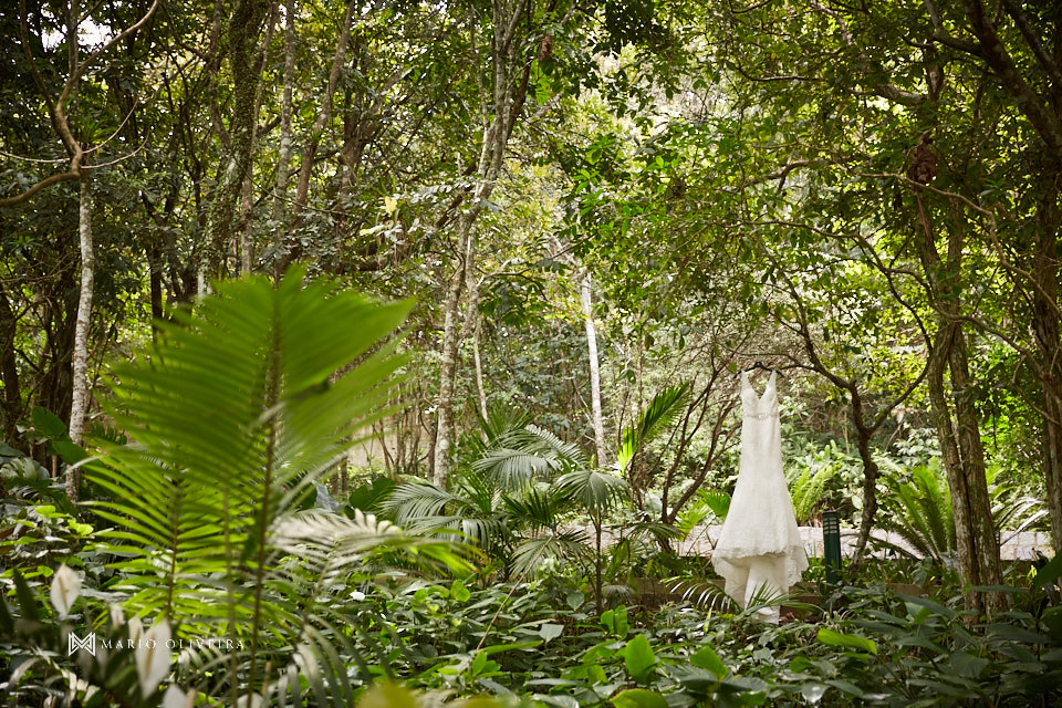 vestido da noiva pendurado entra árvores