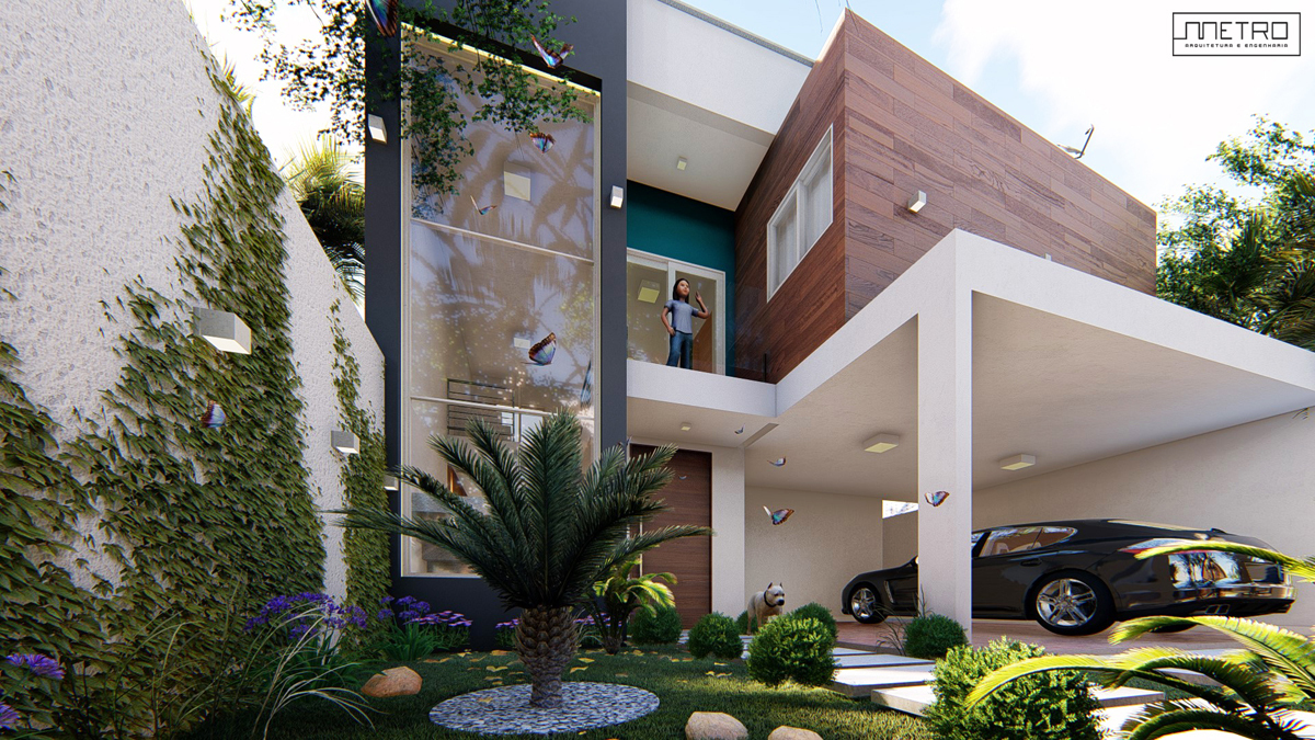 Fachada de casa duplex com pé direito duplo e janela até o teto, jardim e garagem.