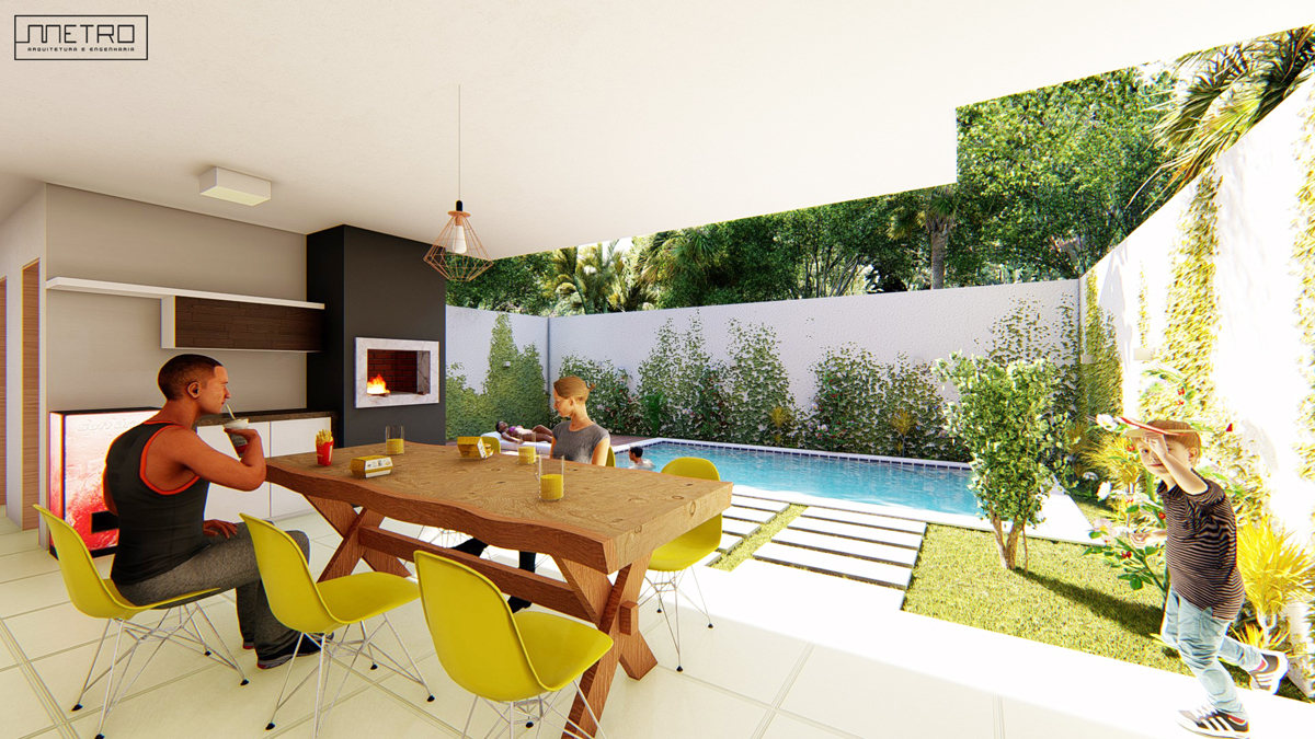 Área de lazer com mesa rústica, pessoas conversando, criança correndo, churrasqueira em alvenaria e piscina no fundo.