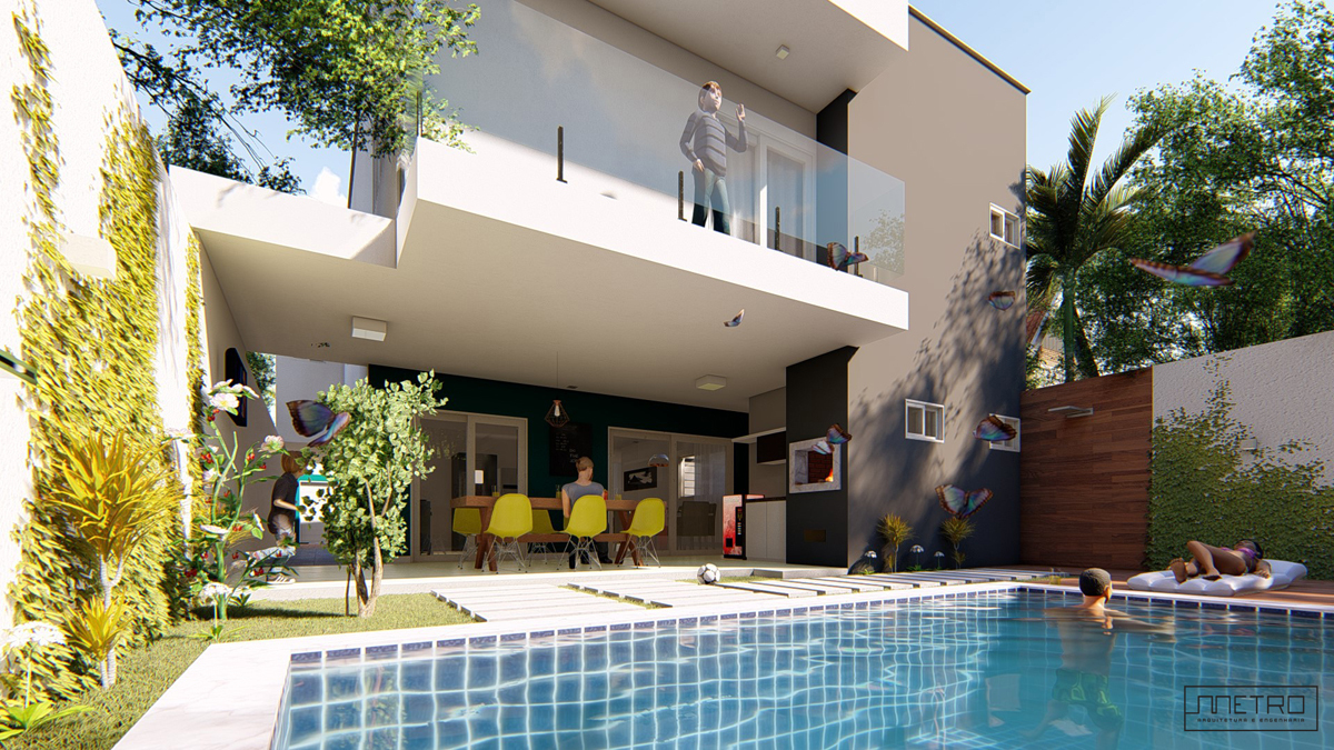 Piscina residencial com pessoas nadando e varanda e área de lazer no fundo.