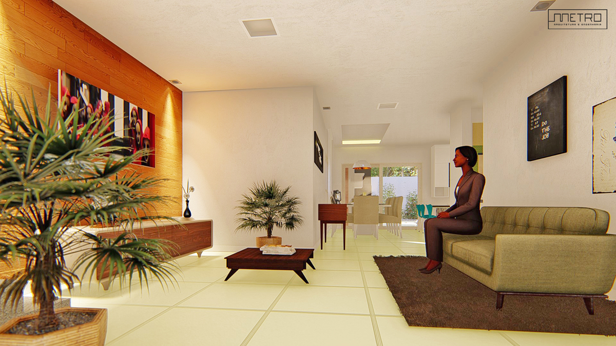 Sala de estar integrada com sala de jantar e área de lazer, pessoa assistindo.