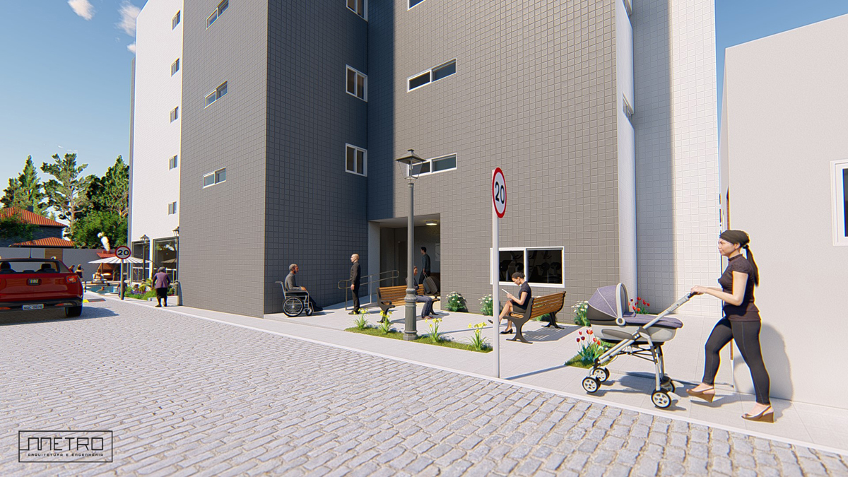 Entrada em edifício com pequena praça e pessoas conversando.
