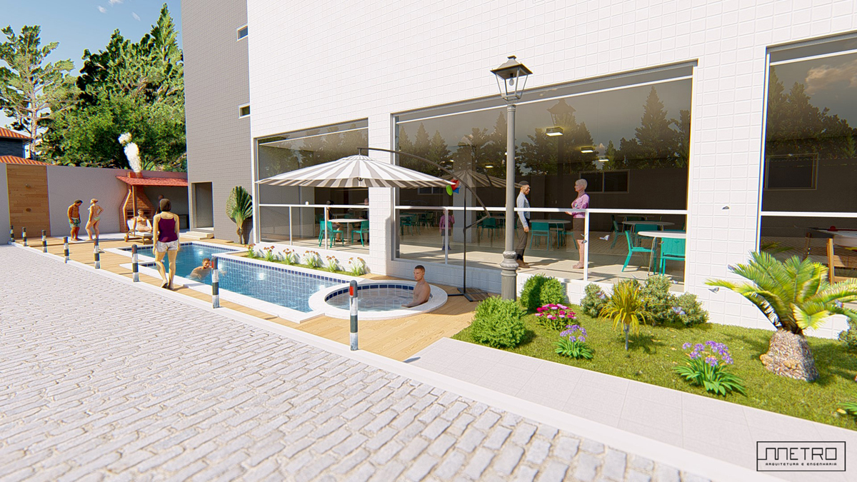 piscina de edifício com jardim e bar molhado.