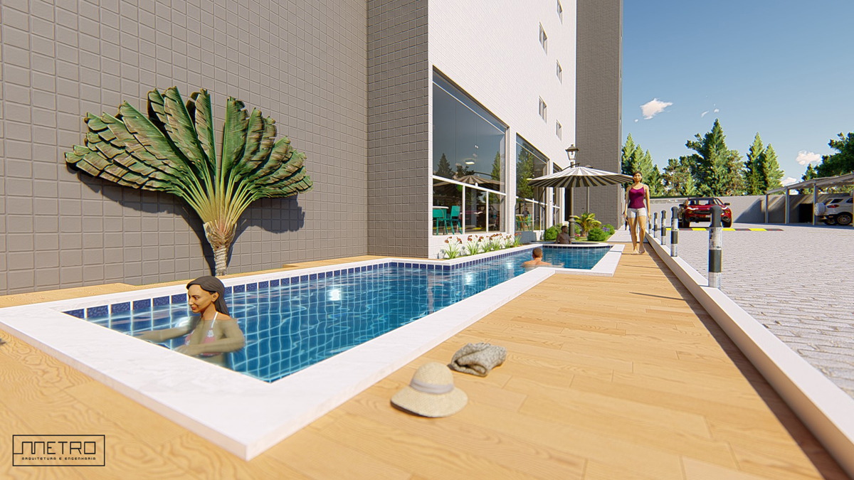 detalhe de piscina com deck de porcelanato de madeira.