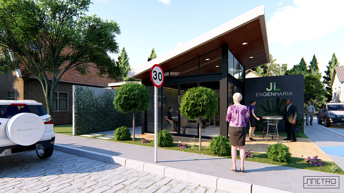 fachada lateral com detalhe para coberta inclina metálica e forro de lambri.