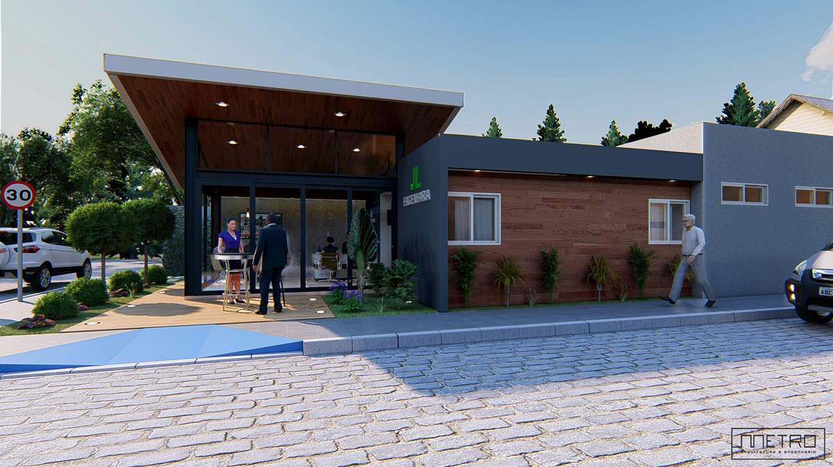 fachada frontal com detalhe para volume de salas com revestimento de madeira e moldura cinza.