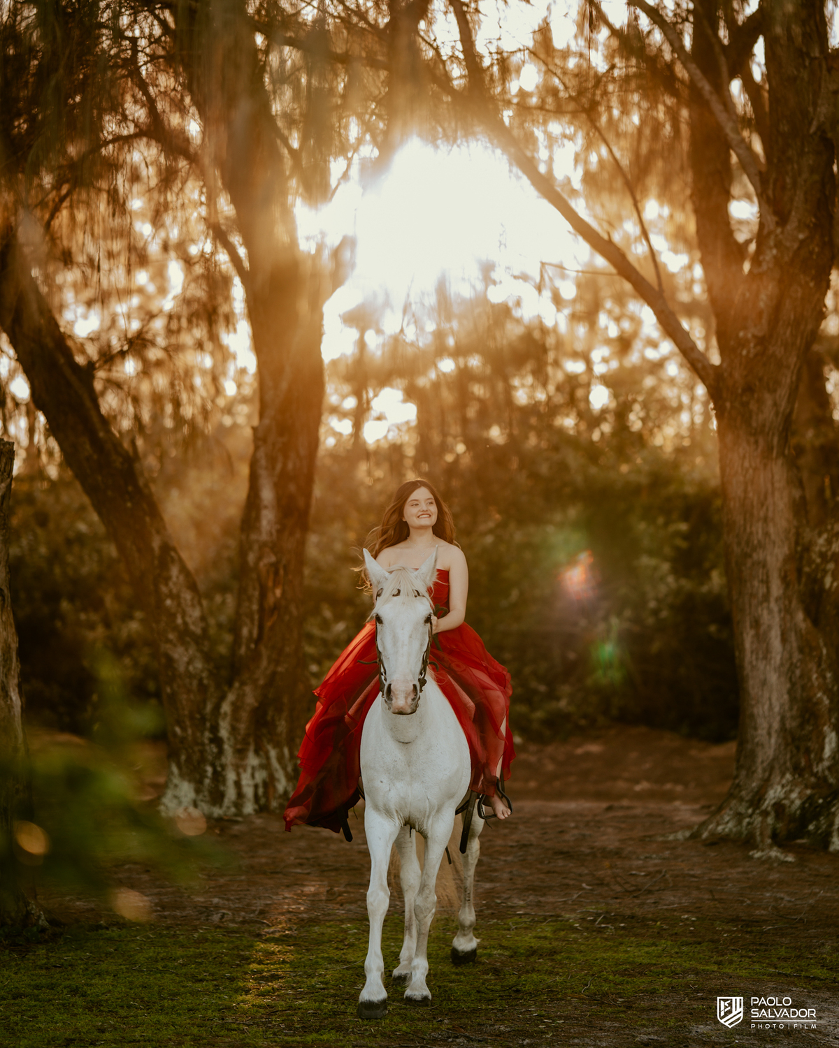 Ensaio debutante com cavalo em cenário com luz dourada em Florianópolis SC, menina montada em cavalo branco na natureza, fotógrafo de 15 anos Santa Catarina, ensaio cinematográfico