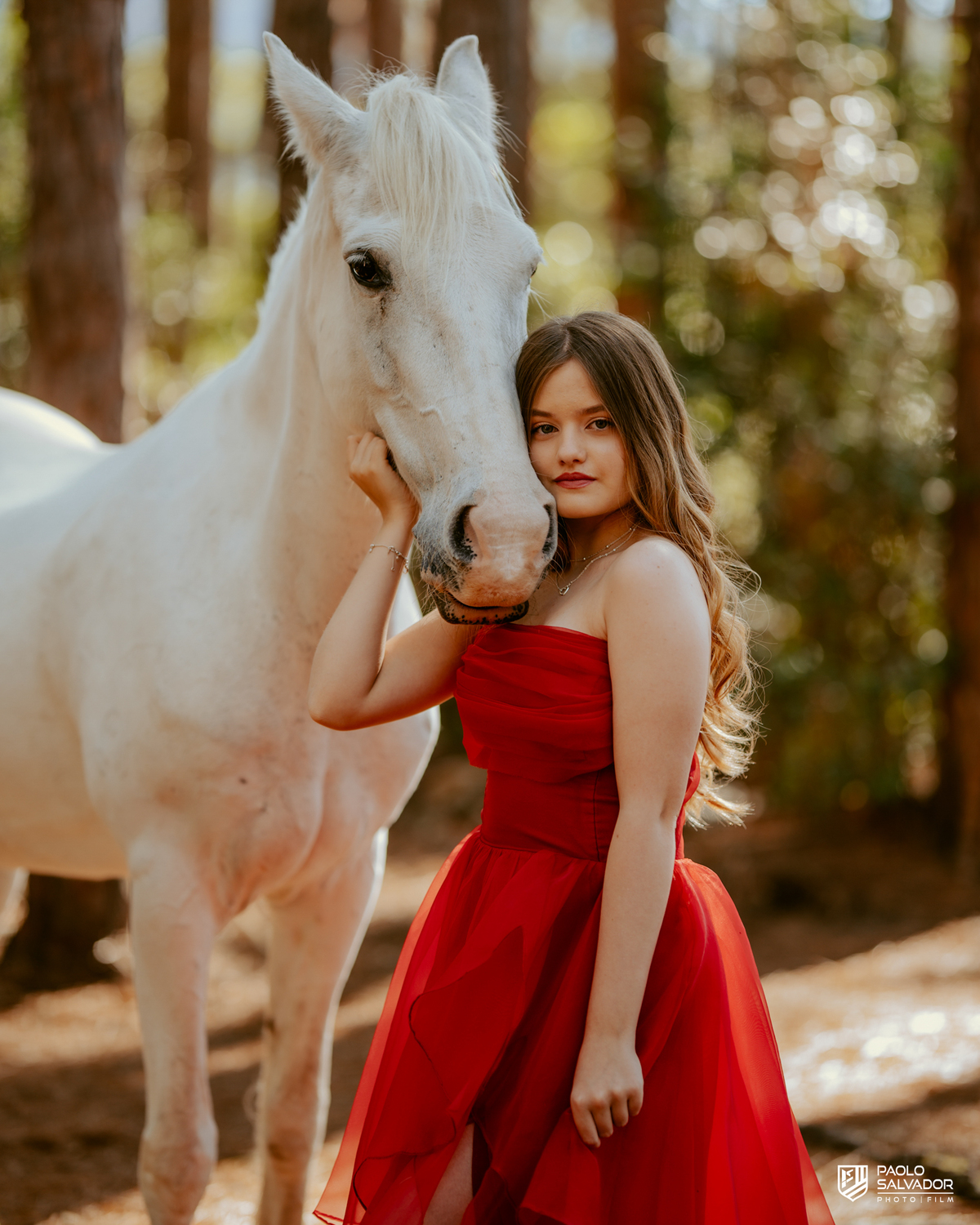Ensaio de 15 anos em Florianópolis na Praia do Moçambique com cavalo, debutante Priscila em vestido vermelho na floresta, fotógrafo de debutante Santa Catarina, ensaio feminino com cavalo na praia SC, fotos de 15 anos cinematográficas