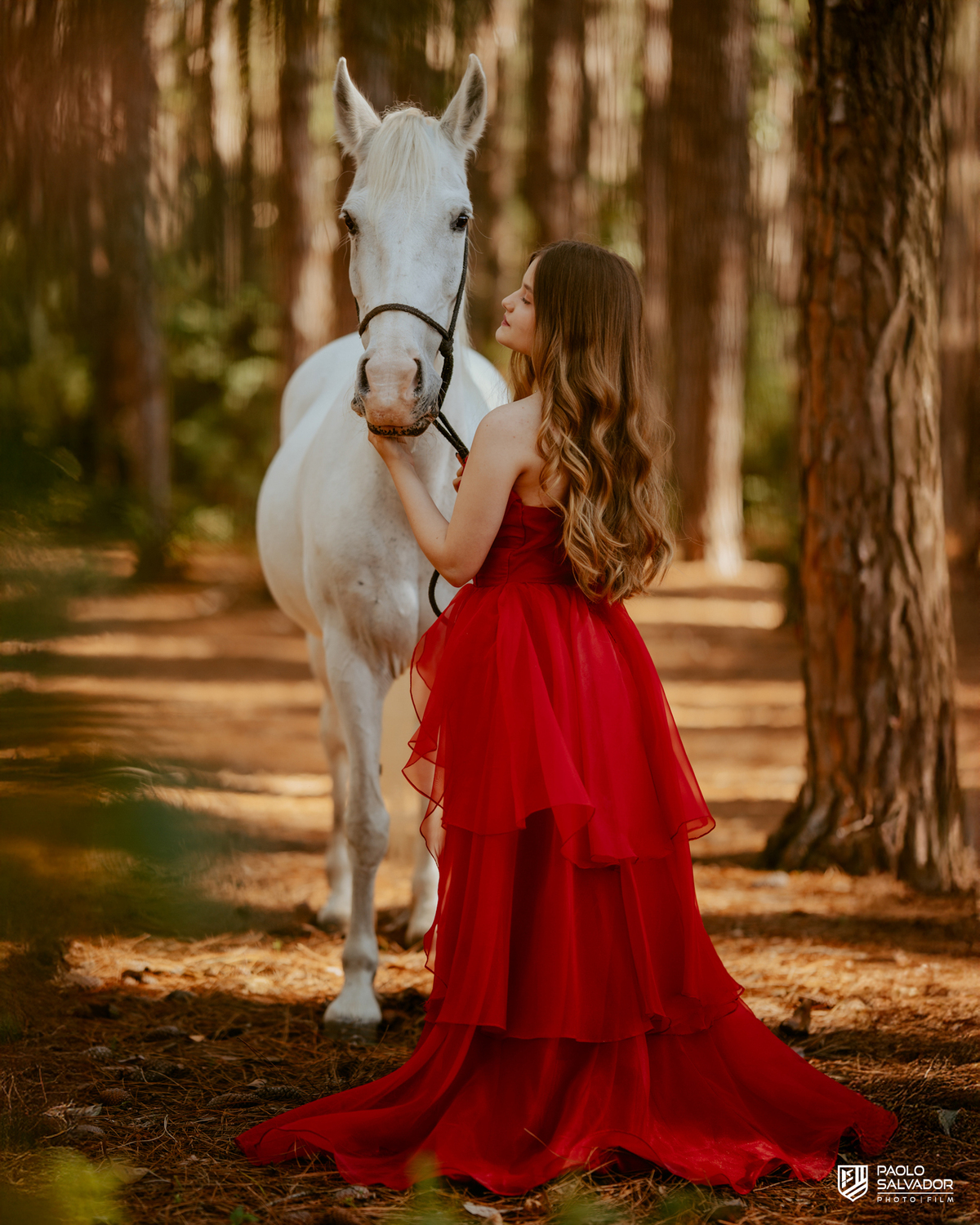 Ensaio debutante com cavalo em Florianópolis SC, menina com vestido vermelho interagindo com cavalo branco na floresta, fotógrafo de 15 anos Santa Catarina, ensaio feminino natural e romântico Praia do Moçambique