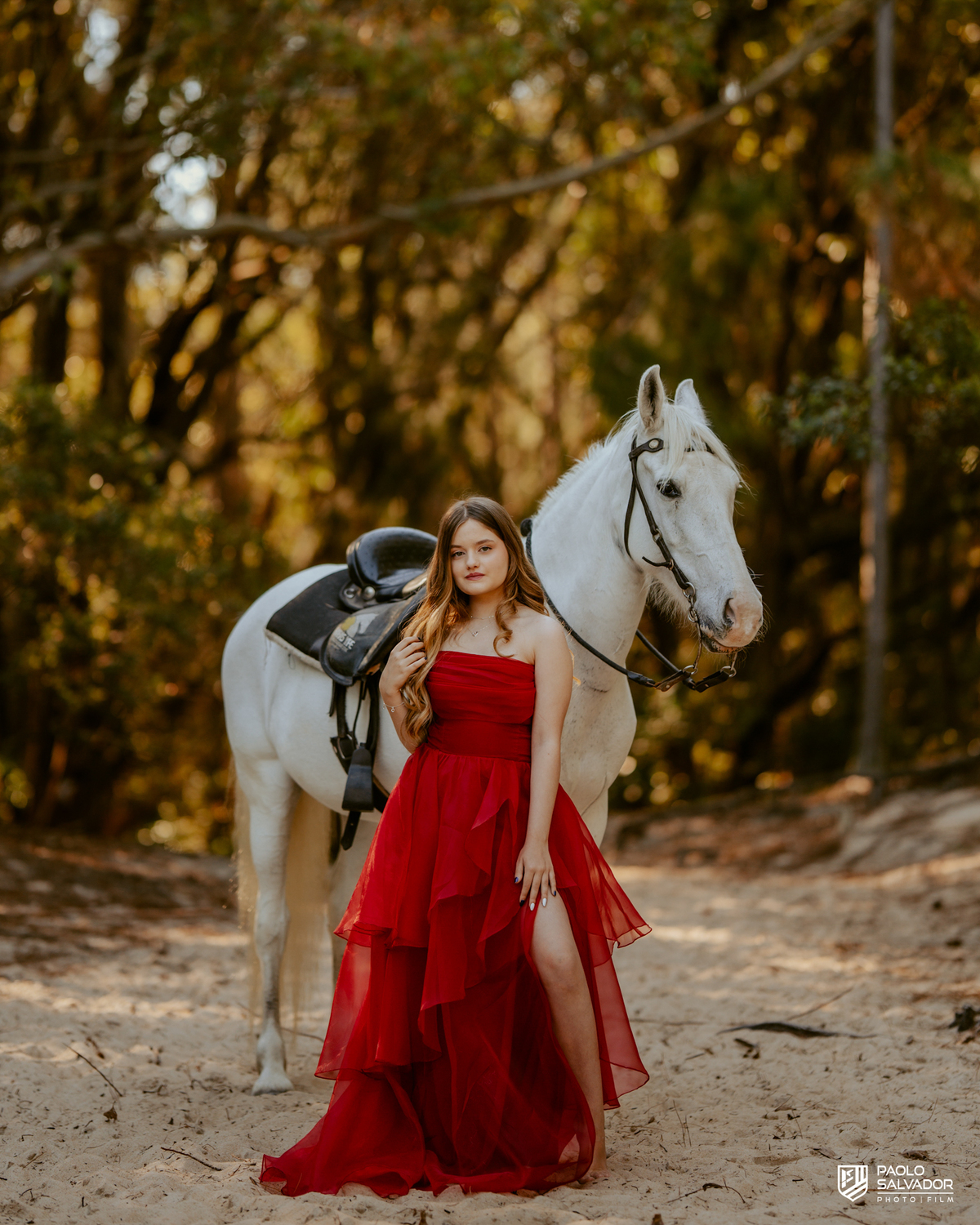 Ensaio de 15 anos com cavalo na floresta em Florianópolis SC, debutante montando cavalo em meio aos pinheiros, fotógrafo de debutante Santa Catarina, ensaio pré aniversário 15 anos com cavalo na natureza