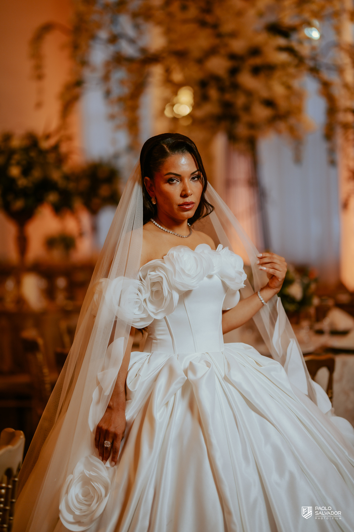 Retrato da noiva com véu e vestido de luxo em frente à mesa do bolo decorada, casamento em Indaial, fotografia de detalhes elegantes, decoração premium Blumenau