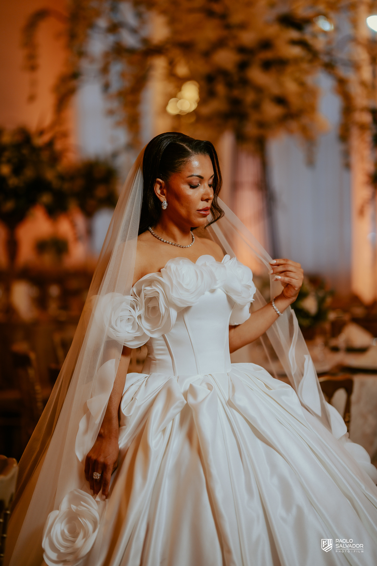 Retrato da noiva com véu e vestido de luxo em frente à mesa do bolo decorada, casamento em Indaial, fotografia de detalhes elegantes, decoração premium Blumenau