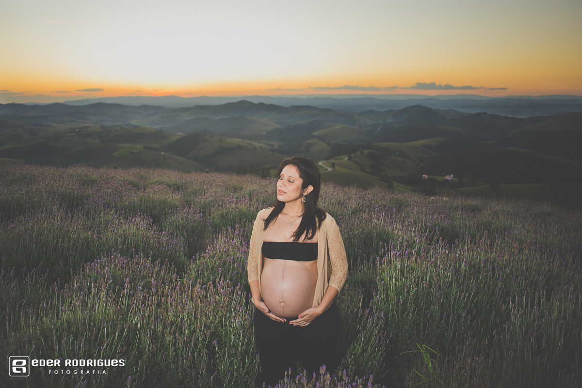 gestante no lavandário com o pôr do sol