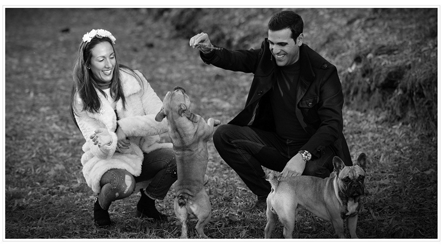 Fotografia dos noivos com os seus cães