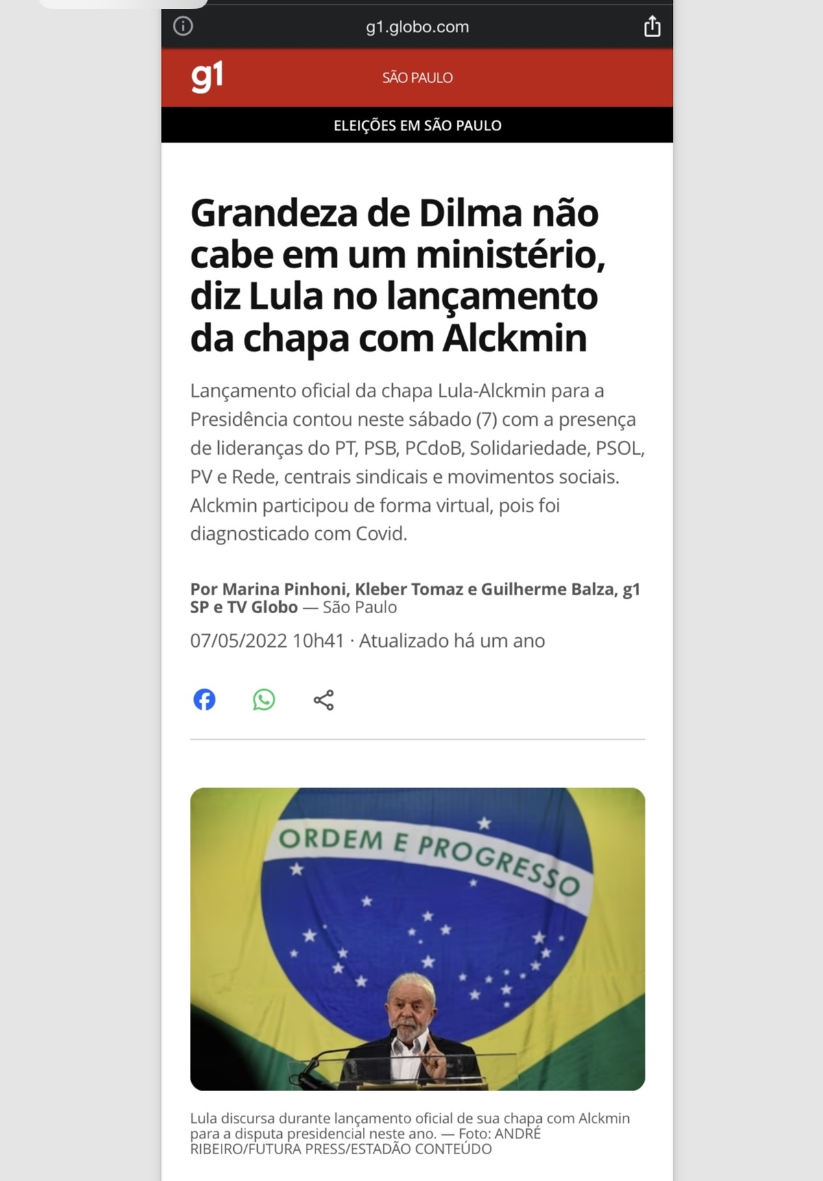 Foto publicada no site Globo.com 07/05/2022