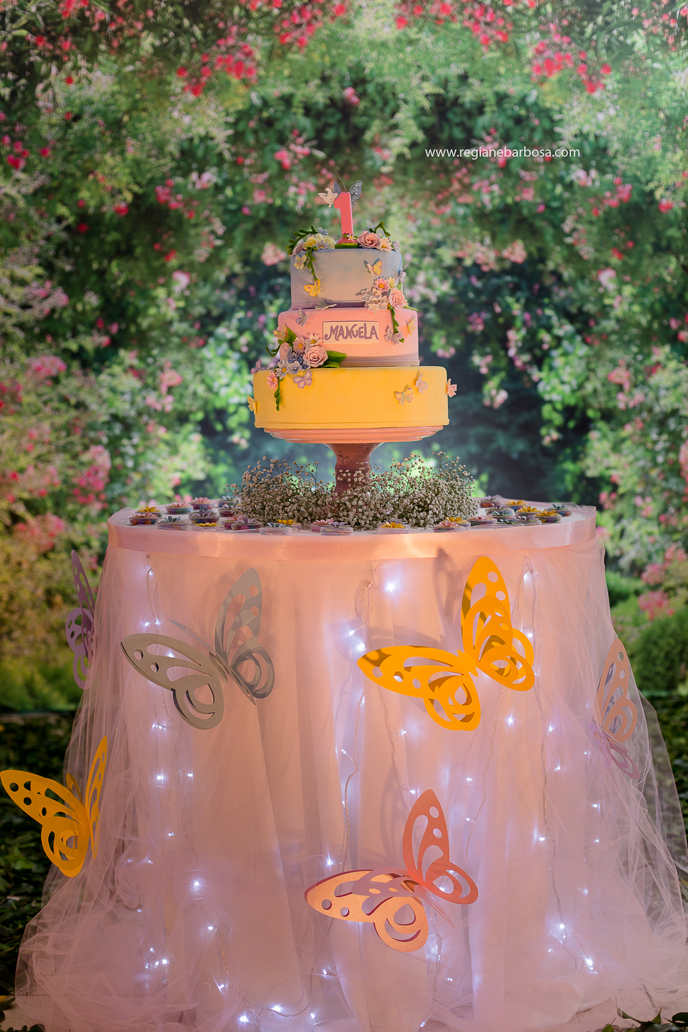 Fotografia infantil Cruzeiro SP Buffet Carinhoso Tema o jardim das borboletas azul rosa amarelo Fotografa Regiane Barbosa espontaneidade e beleza