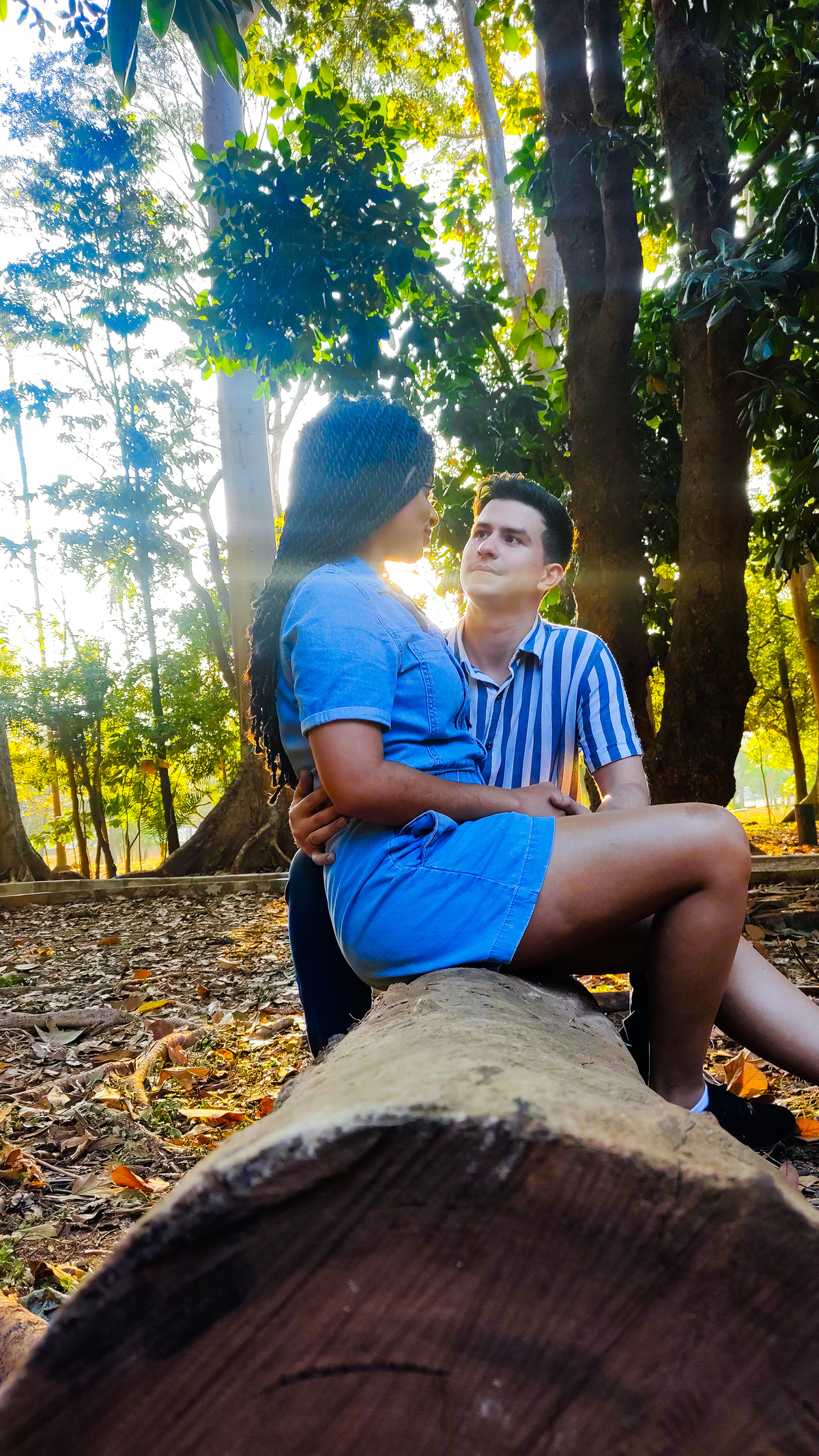 Casal sentados em tronco de arvore, luz do sol entre os olhares dos dois