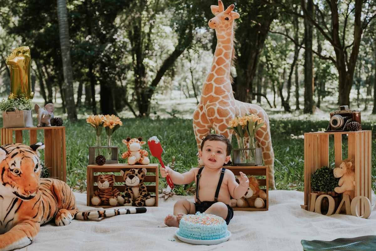 Smash the cake de João Tadeu no jardim Botânico de São Paulo com tema Safari por Anderson Crepaldi Fotografia