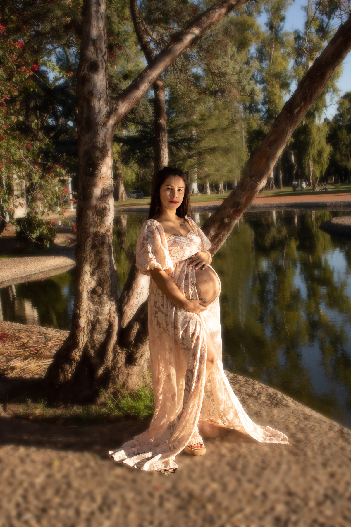 embarazada tres cuartos perfil, mirando al frente, delante de un árbol y lago, vestido romántico