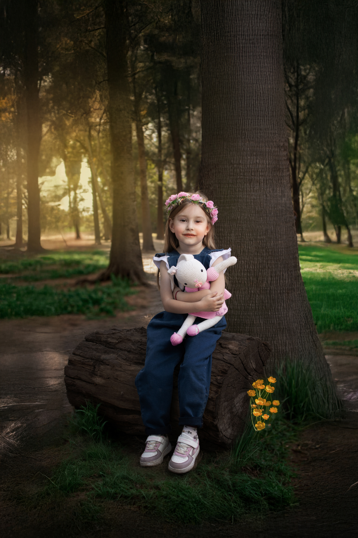 Niña sentada y su peluche sentada sobre un tronco en el bosque