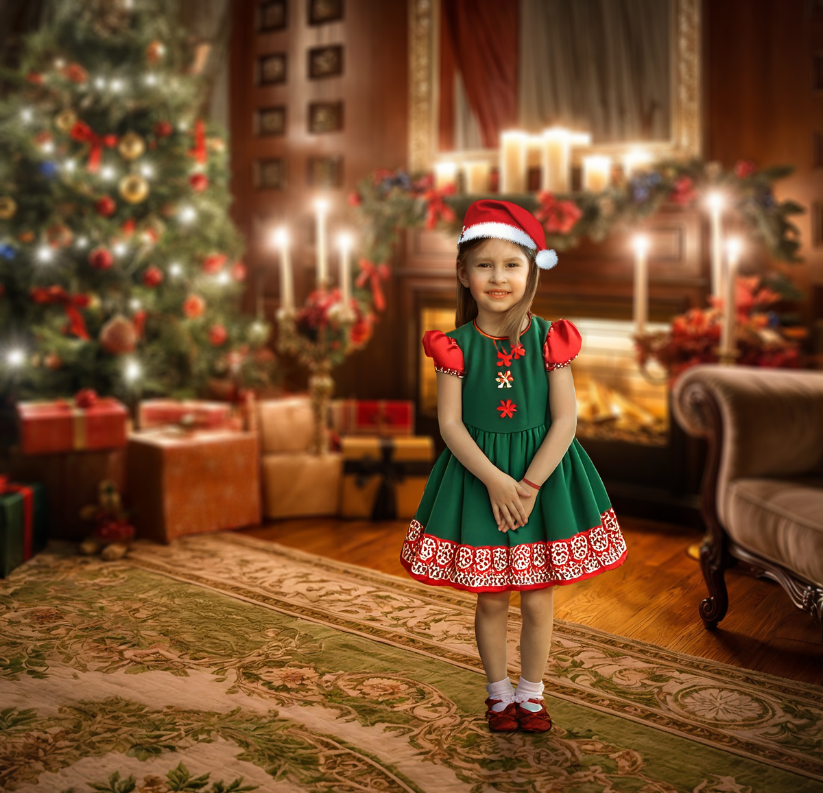 Niña en habitación con ambiente navideño