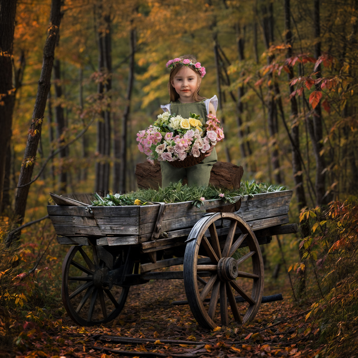 Niña sentada sobre una carreta antigua con un cesto con flores en el bosque