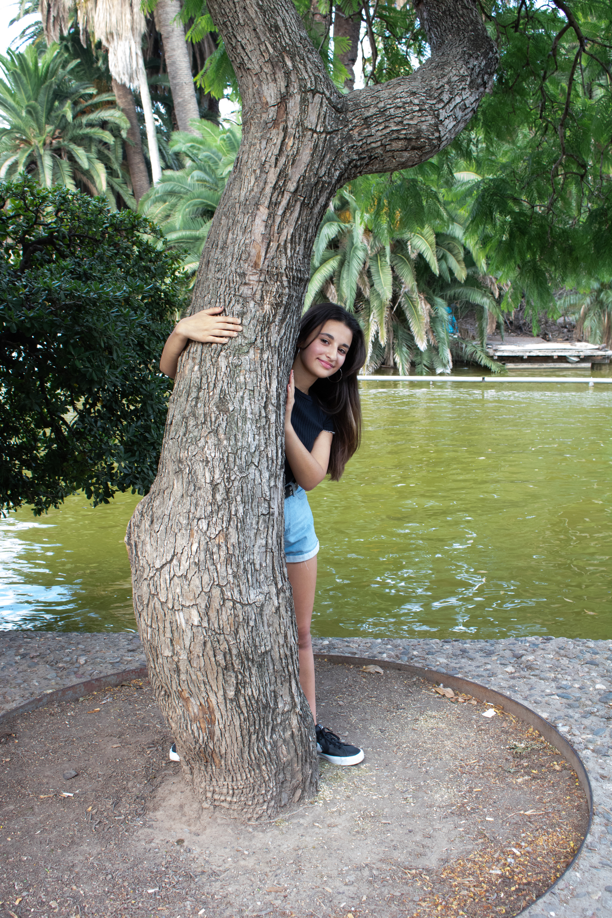 plano general quinceañera asomada detrás del arbol