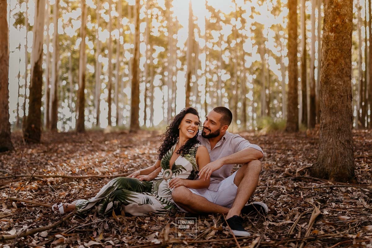 casal sentando em meio a plantação de eucaliptos no ensaio de casal pre wedding