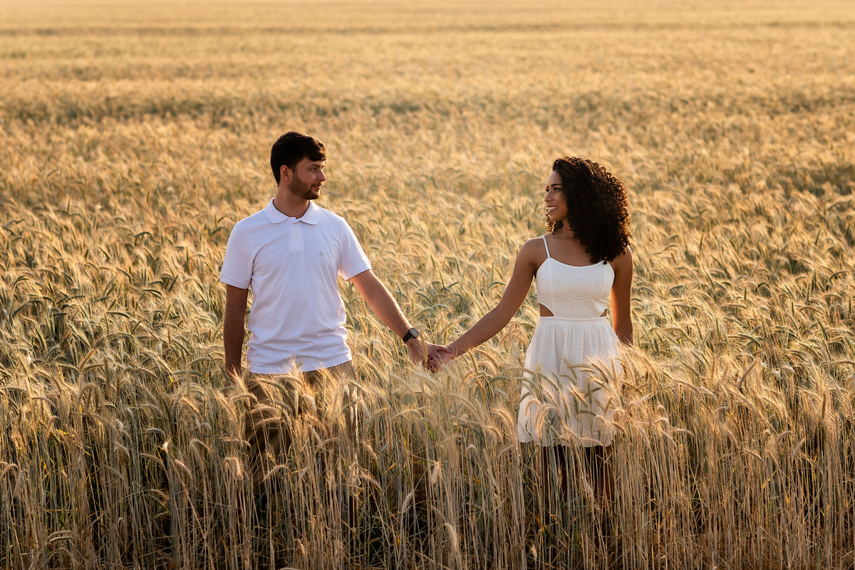 casal abraçado em campo de trigo com o por do sol ao fundo em Holambra
