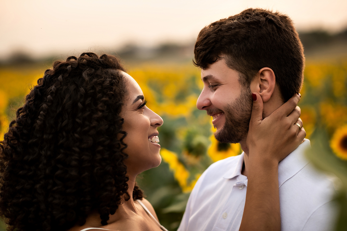 casal abraçado em campo de girassol com o por do sol ao fundo em Holambra