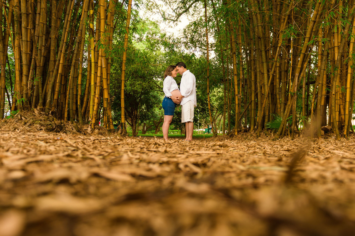 casal gestante abraçados no parque ibirapuera