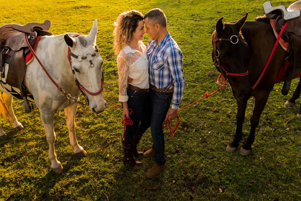 casal se beijando segurando as redes do cavalo com a luz do por do sol em sitio na cidade de Juquitiba