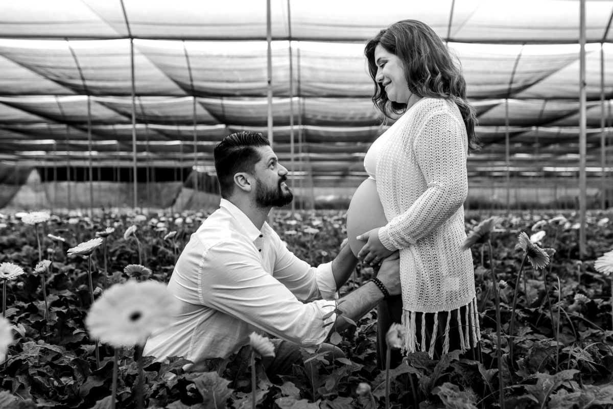 casal gestante se olham em estufa 
e campo de flores em Holambra - cidade das flores