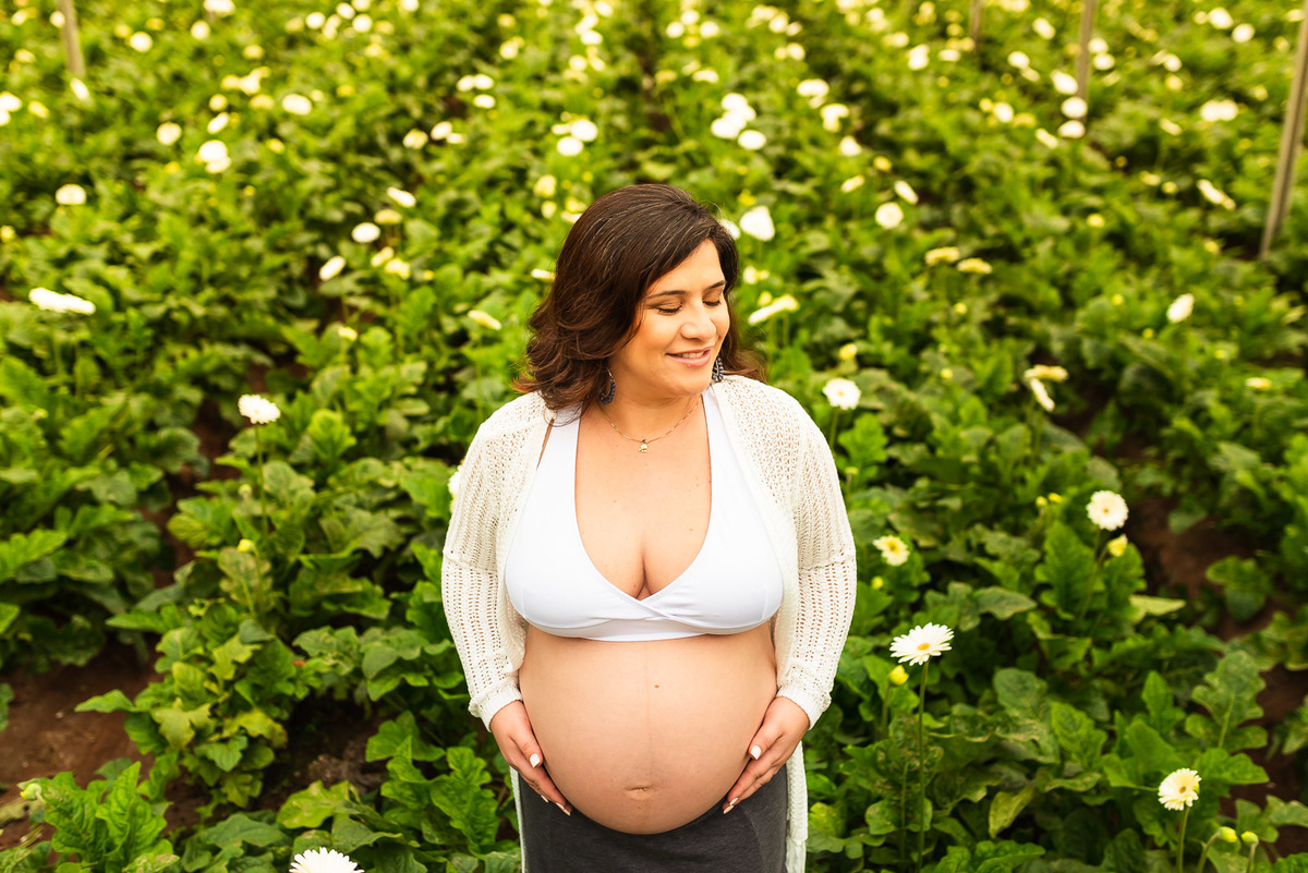 mulher gestante em estufa 
e campo de flores em Holambra - cidade das flores