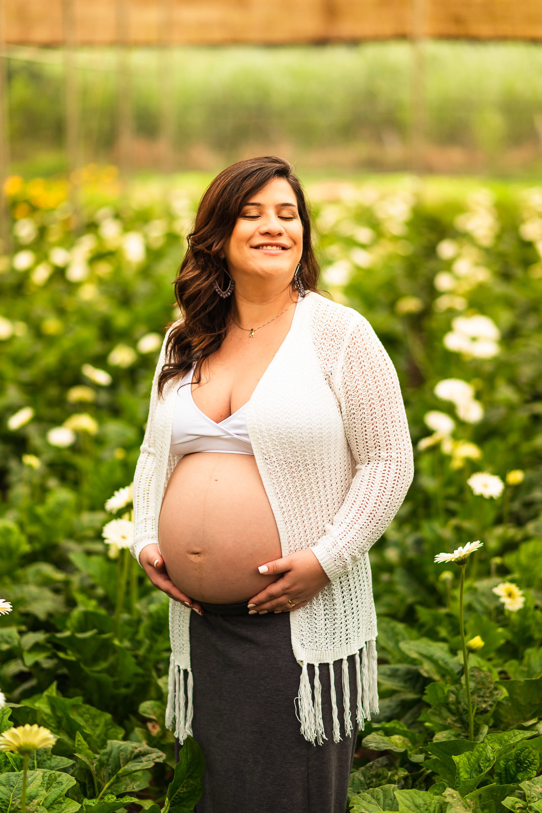 mulher gestante em estufa 
e campo de flores em Holambra - cidade das flores