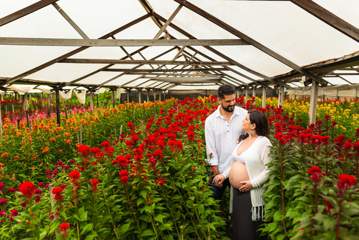 casal gestante abraçados em estufa 
e campo de flores em Holambra - cidade das flores