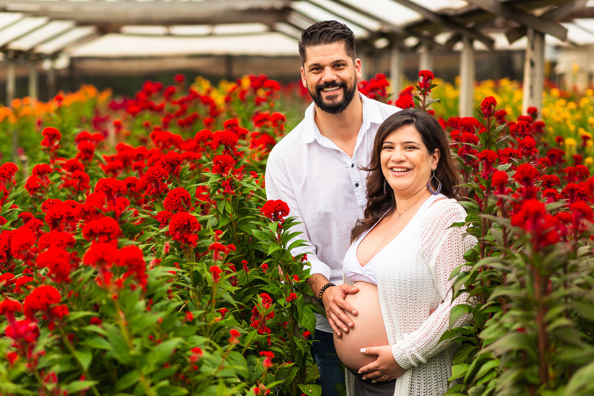 casal gestante abraçados em estufa 
e campo de flores em Holambra - cidade das flores