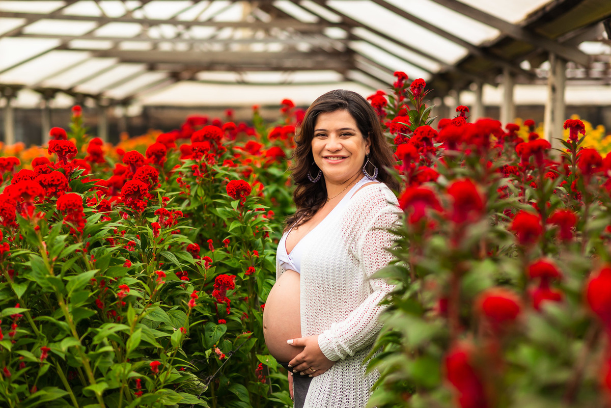 mulher gestante em estufa 
e campo de flores em Holambra - cidade das flores