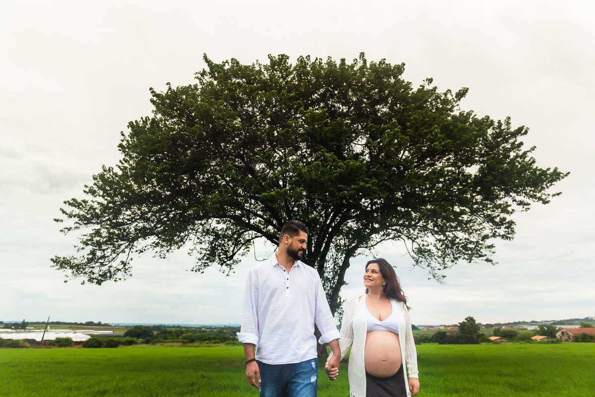 casal gestante de mãos dadas se olhando e caminhando campo com arvore solitaria em Holambra - cidade das flores