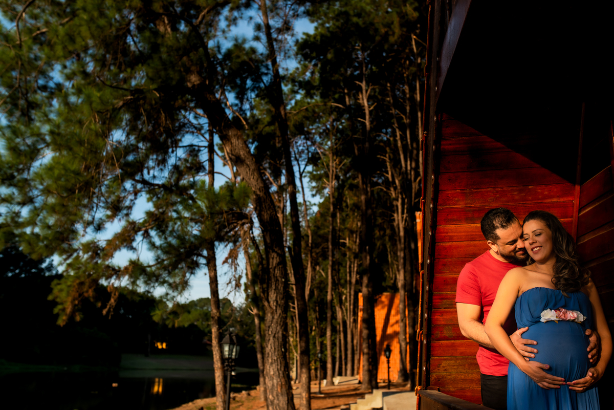 ensaio de gestante com casal abraçados em chalé de madeira dentro do parque van gogh em holambra cidade das flores