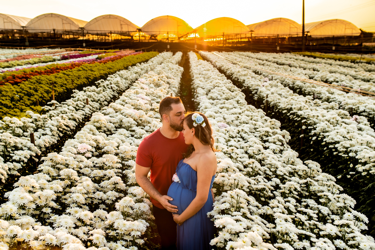 ensaio de gestante com casal abraçados e sorrindo em meio a plantação de margaridas com o por do sol ao fundo em holambra cidade das flores