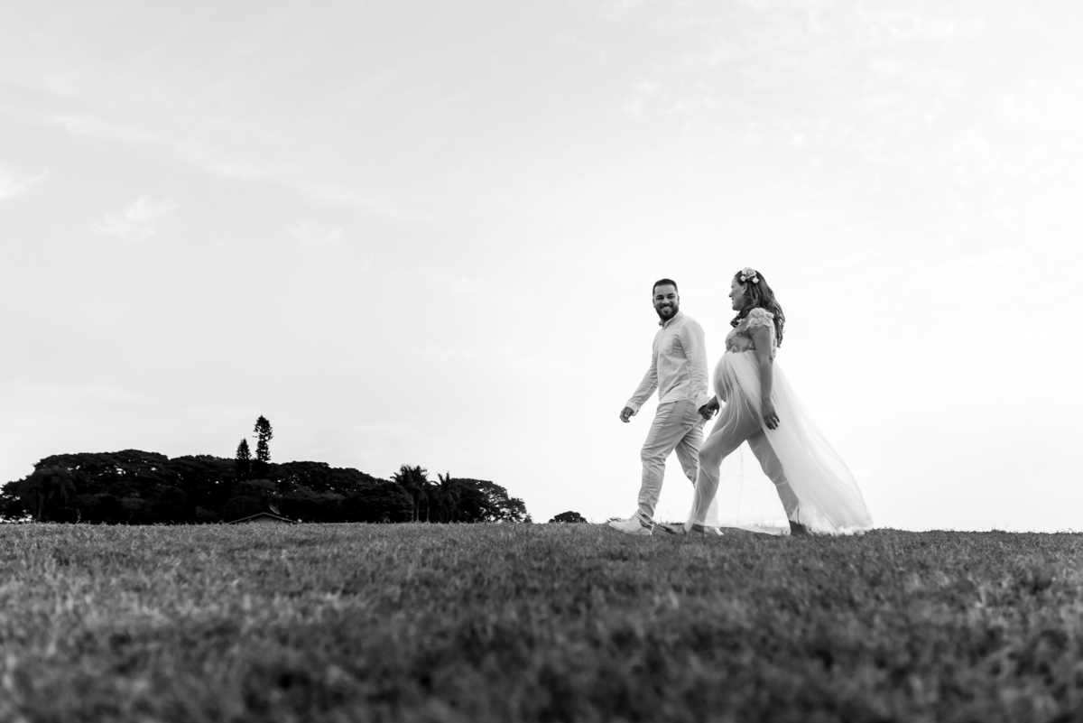 ensaio de gestante com casal caminhando de mãos dadas em campo de feno com o por do sol ao fundo em holambra cidade das flores