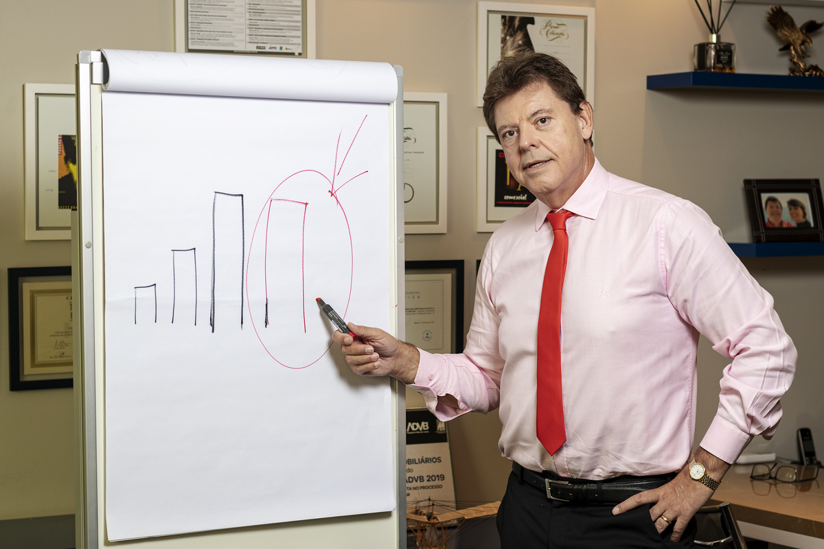 Em pé, explicando gráfico no flipchart.