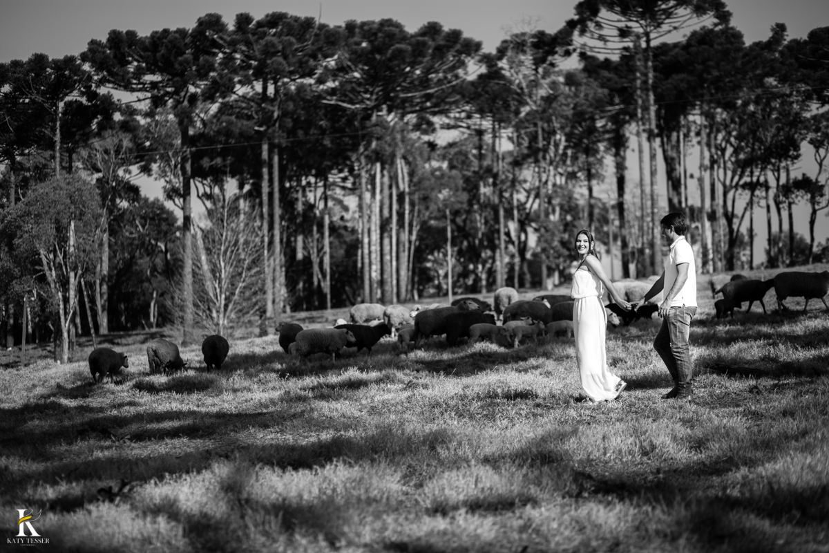 sessão pre casamento, na fazenda com cavalos e outros animais, com um casal com roupas cowntry a noiva com vestido branco, registrado pela fotografa katy tesser