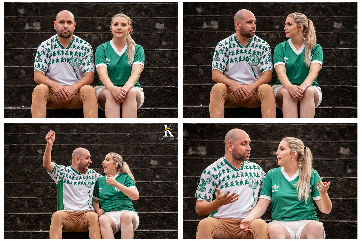 sessão book pre casamento de jessica e tiago em antonina e morretes no paraná com vestido de noiva branco vestido vermelho buque e cora de flores fotos externas ao ar livre katy tesser fotografa com camisa do palmeiras