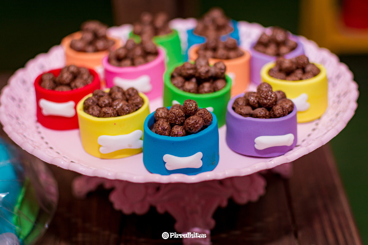 Detalhe da decoração da festa infantil da Giovana, Tema Patrulha Canina, Potinho com ração
